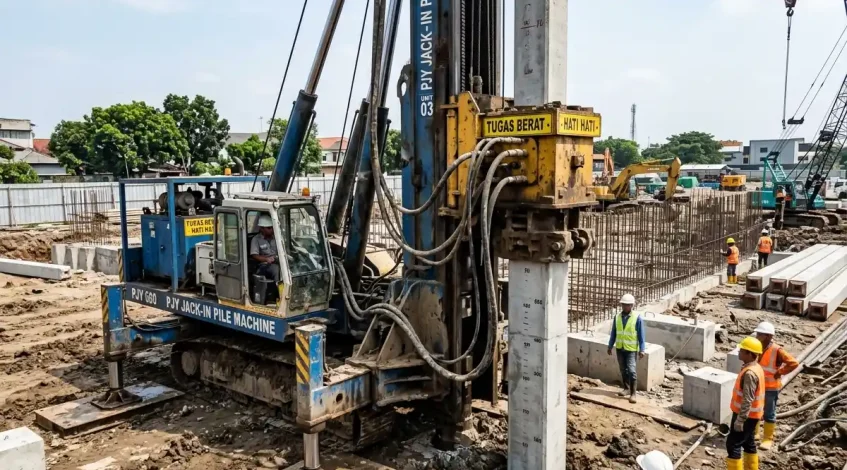 Mengenal hydraulic jack in pile, cara kerja HSPD, prinsip tekanan hidrolik, tahapan pemancangan, dan alasan metode ini minim getaran.